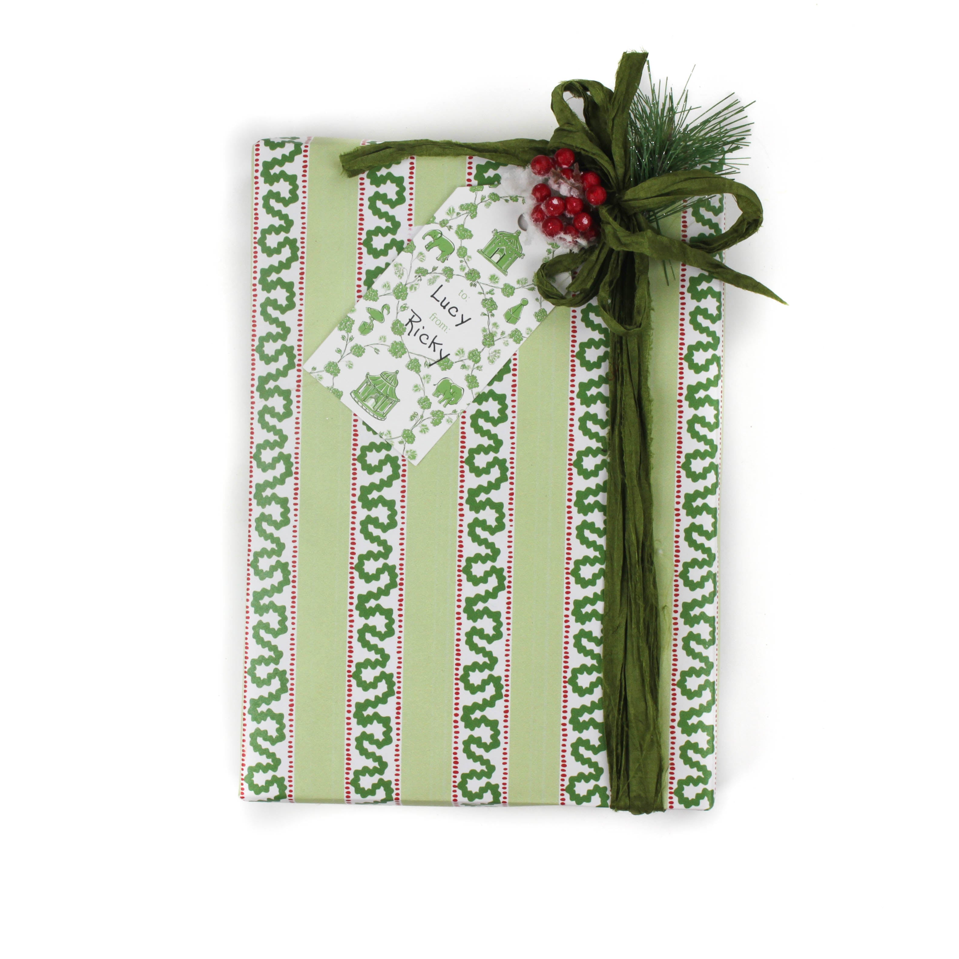 green wrapping paper in fancy stripe patterns