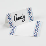 Harbor Trail Paper Place Cards in blue displayed on white background