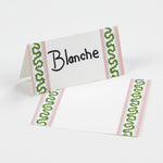 Harbor Trail Paper Place Cards in green and pink displayed on white background