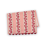 Harbor Trail cotton tea towel pink stripes, red wavy patterns, and green accents on a white background.
