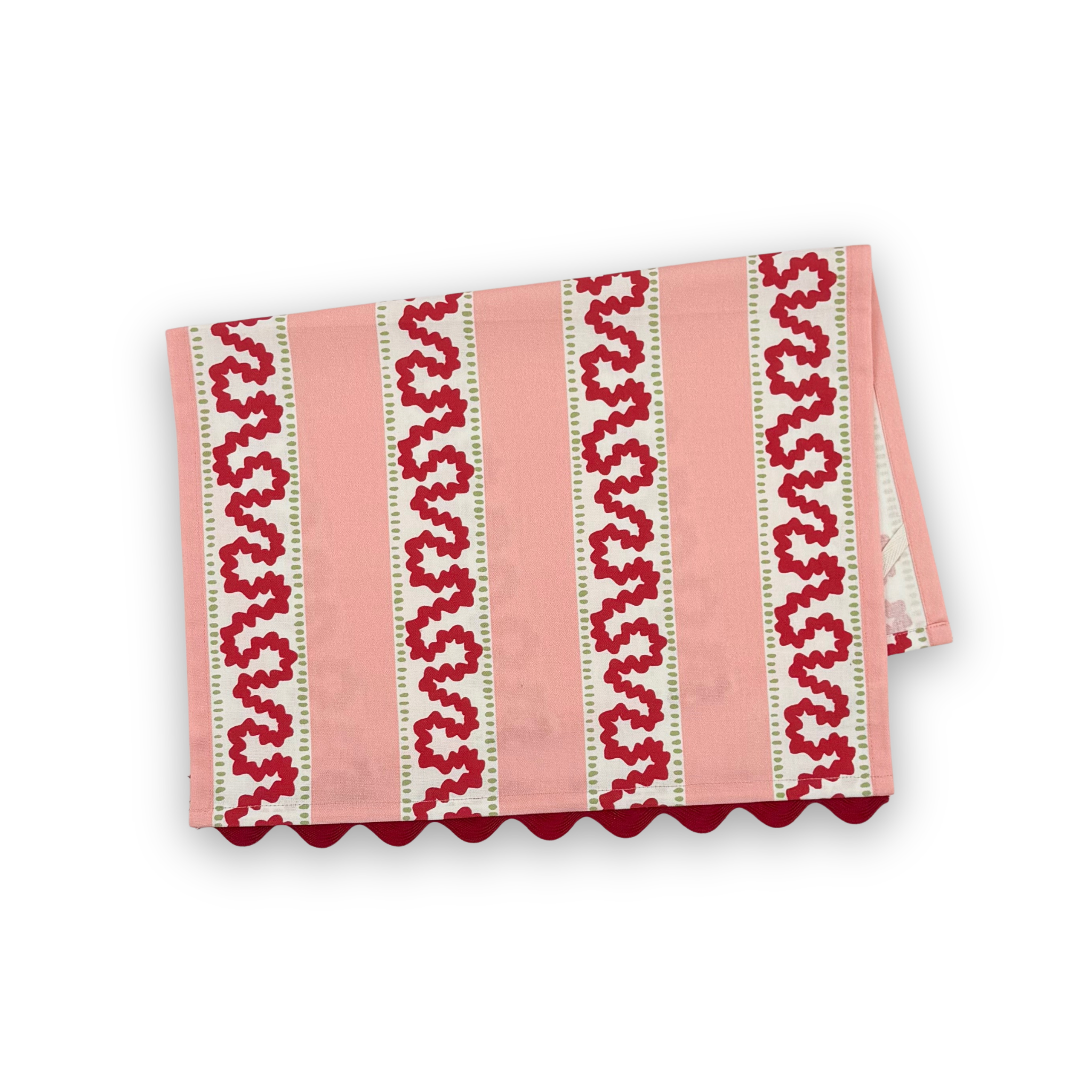Harbor Trail cotton tea towel pink stripes, red wavy patterns, and green accents on a white background.