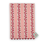Harbor Trail cotton tea towel pink stripes, red wavy patterns, and green accents on a white background.