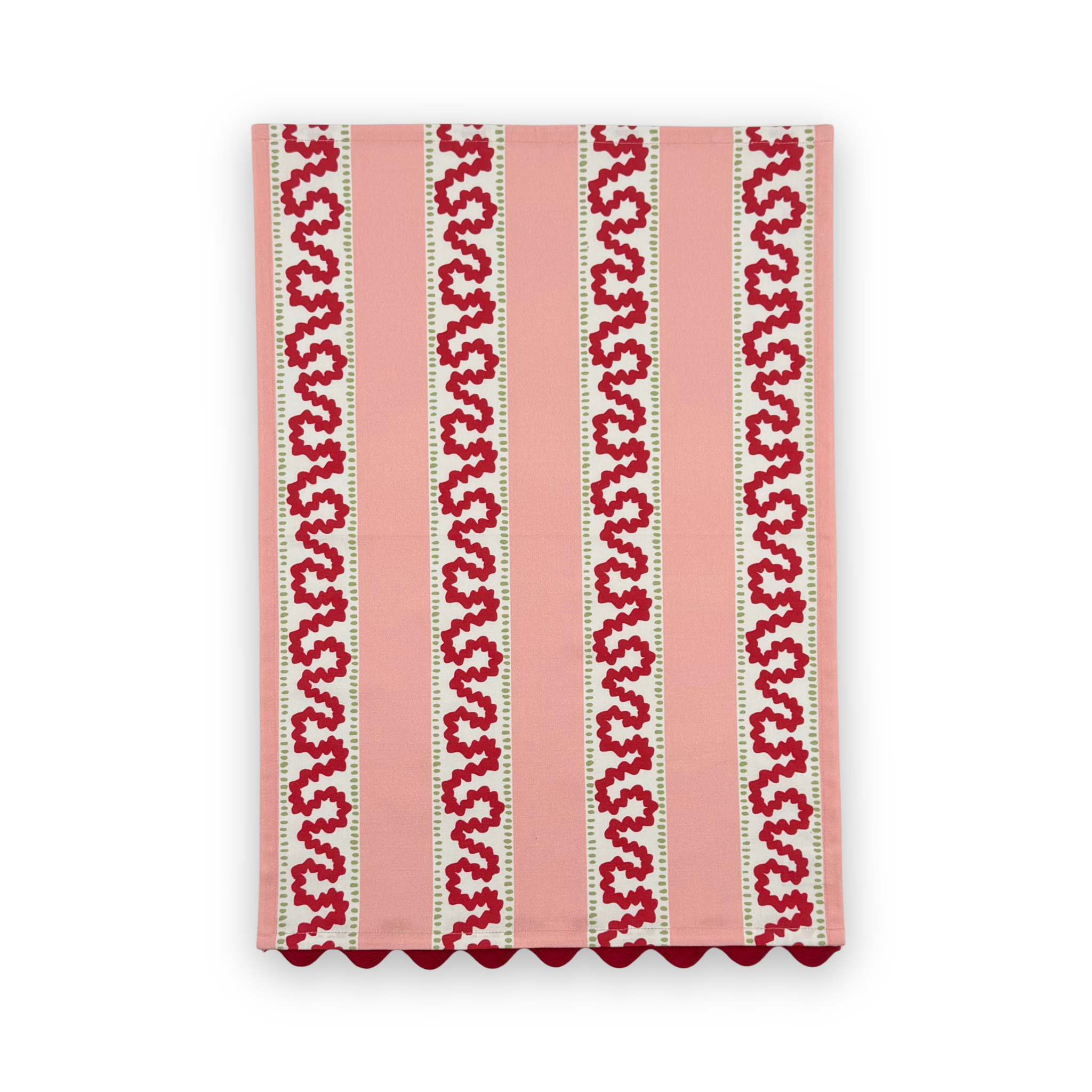 Harbor Trail cotton tea towel pink stripes, red wavy patterns, and green accents on a white background.