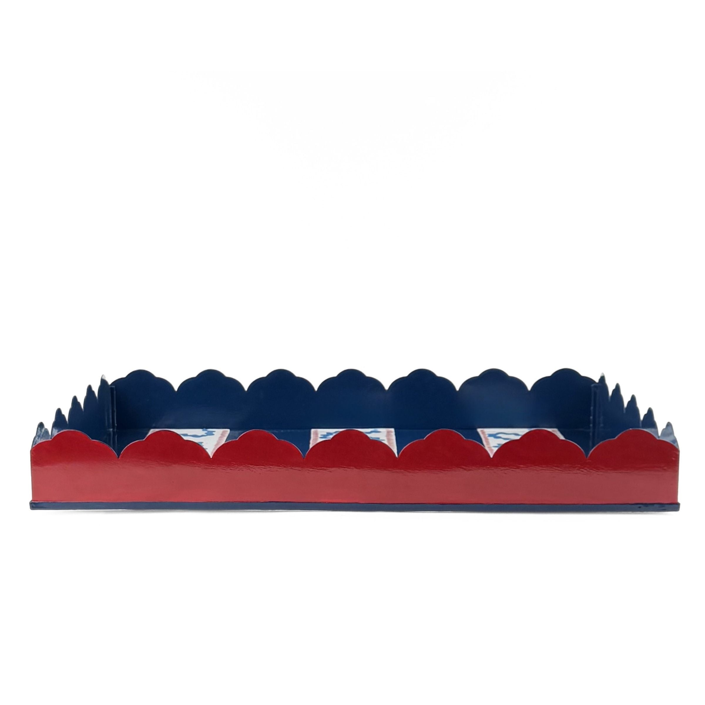 Harbor Trail red blue white striped tray side view with red and navy scalloped edge design.