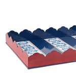 Harbor Trail red blue white striped tray closeup with navy scalloped edges and decorative wavy stripe details.