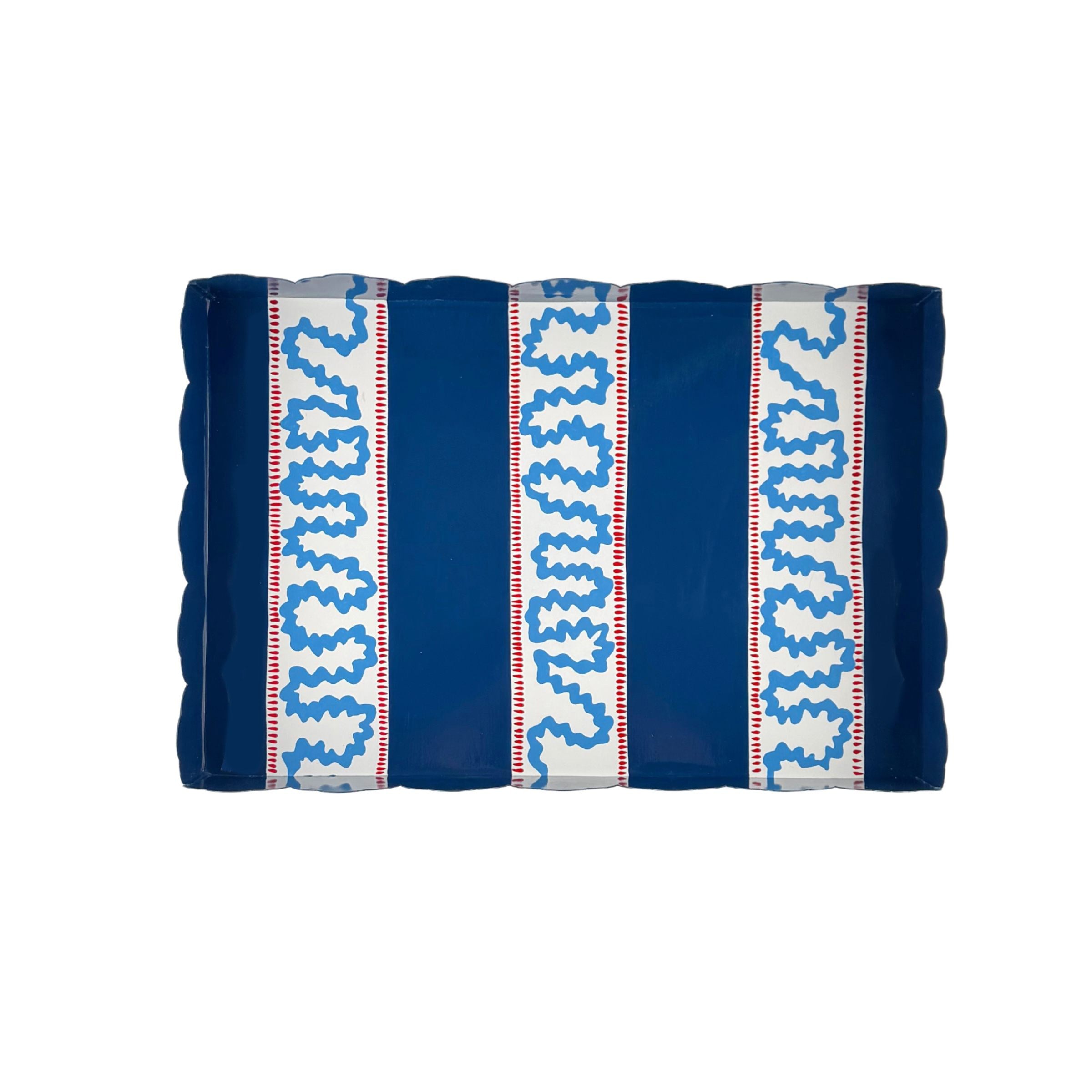 Harbor Trail red blue white striped tray top view with navy center panels and decorative wavy stripe pattern.