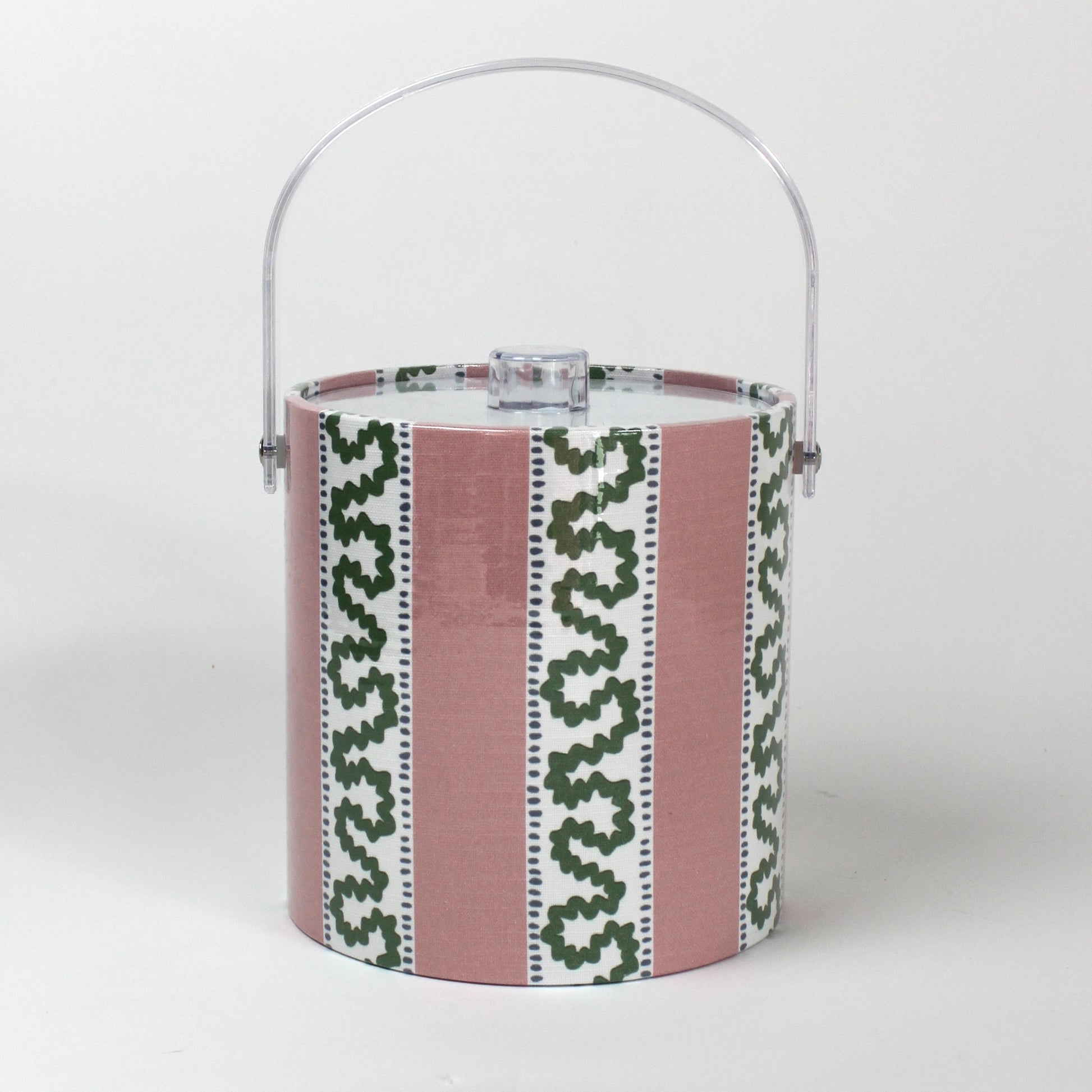 Harbor Trail Bahama Pink 3 qt acrylic ice bucket with handle up and the lid in place