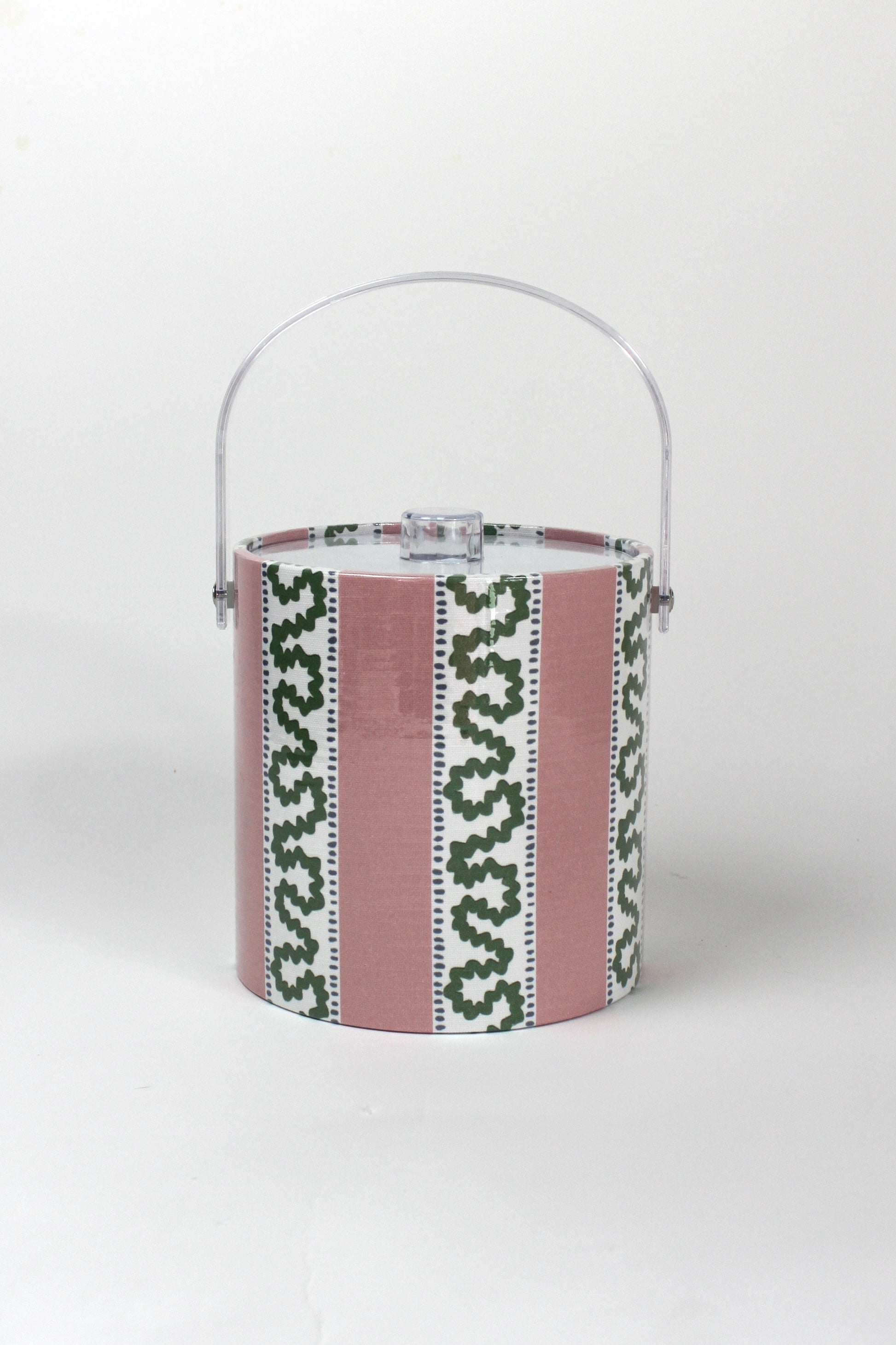 Harbor Trail Bahama Pink 3 qt acrylic ice bucket with handle up and the lid in place
