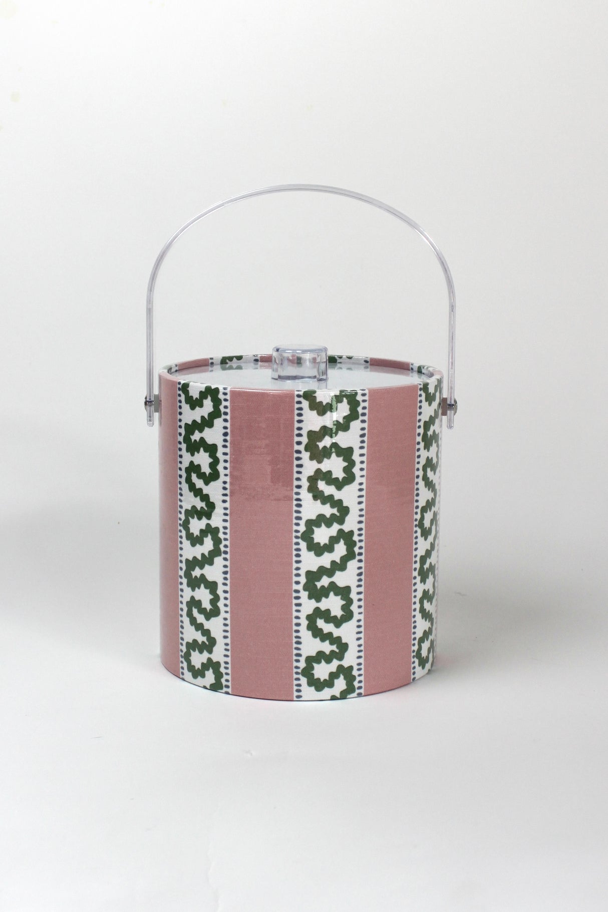 Harbor Trail Bahama Pink 3 qt acrylic ice bucket with handle up and the lid in place