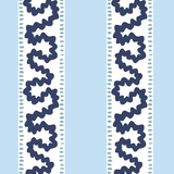 harbor trail blue and white fabric by madcap cottage featuring light blue and white stripes with a light blue squiggle motif on the white stripe