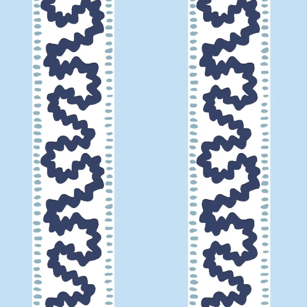 harbor trail blue and white fabric by madcap cottage featuring light blue and white stripes with a light blue squiggle motif on the white stripe