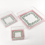 Harbor Trail Pink and Green with blue dash Square Acrylic Tray comes in 3 Sizes. A fun pattern with pink and green border, blue dots, and fun green squiggly line.