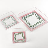 Harbor Trail Pink and Green with blue dash Square Acrylic Tray comes in 3 Sizes. A fun pattern with pink and green border, blue dots, and fun green squiggly line.