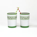 two  green painted glassed with a squiggly motif at the top called "Harbor Trail" by madcap cottage