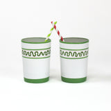 two  green painted glassed with a squiggly motif at the top called "Harbor Trail" by madcap cottage