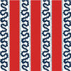 Red striped fabric pattern with navy blue wavy trim and dotted details on a white background.