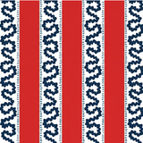 Red striped fabric pattern with navy blue wavy trim and dotted details on a white background.