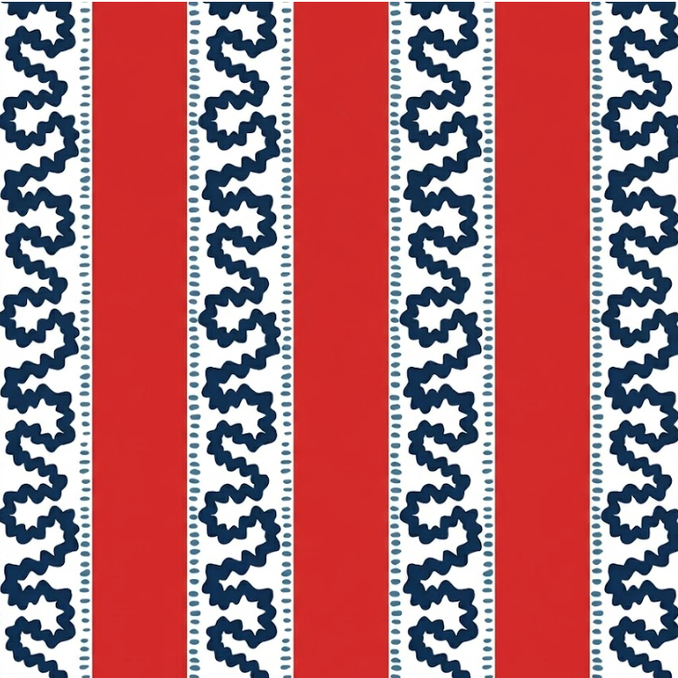 Red striped fabric pattern with navy blue wavy trim and dotted details on a white background.