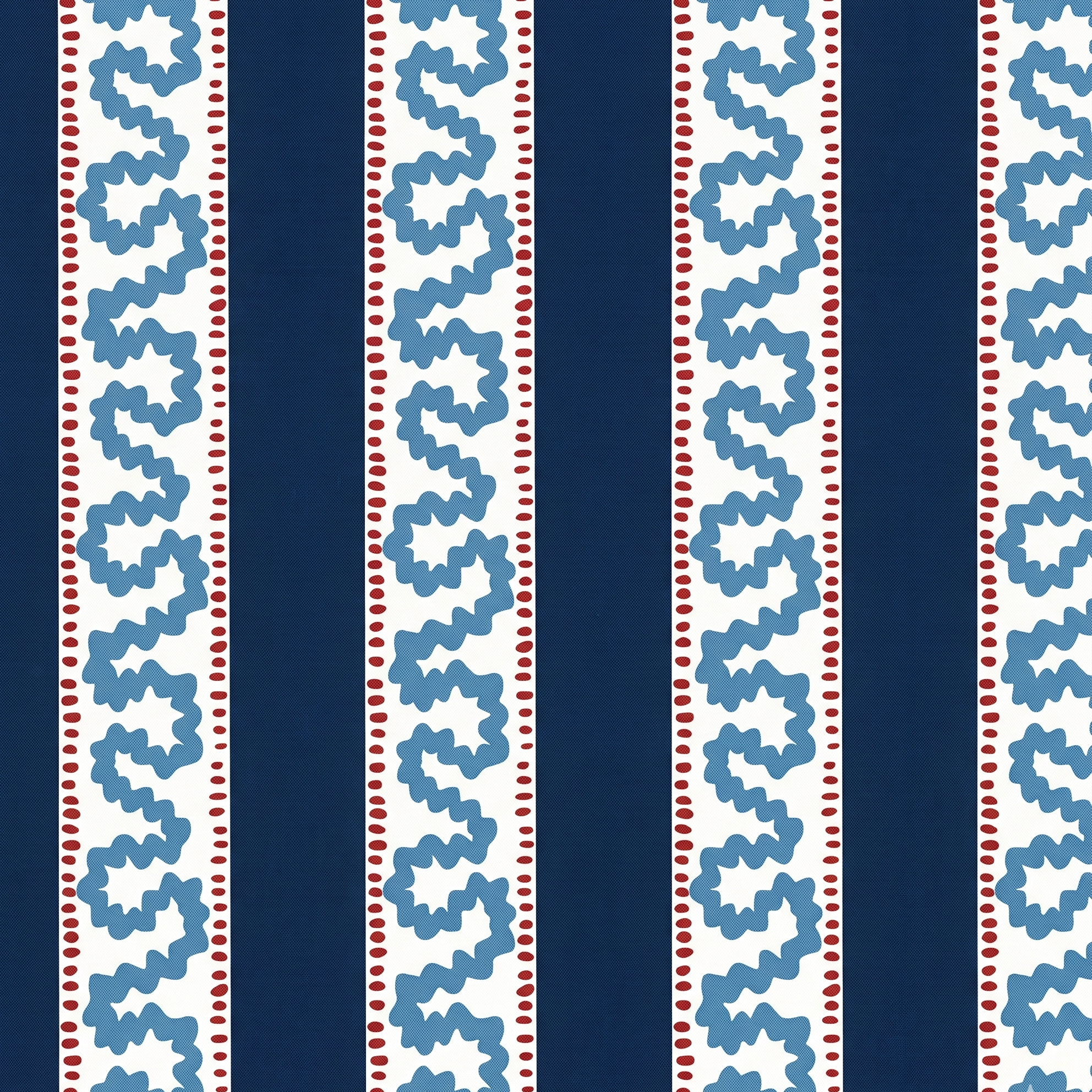 A navy and white striped fabric with a wiggly centre stripe down the white stripes with red dashes on either side. 