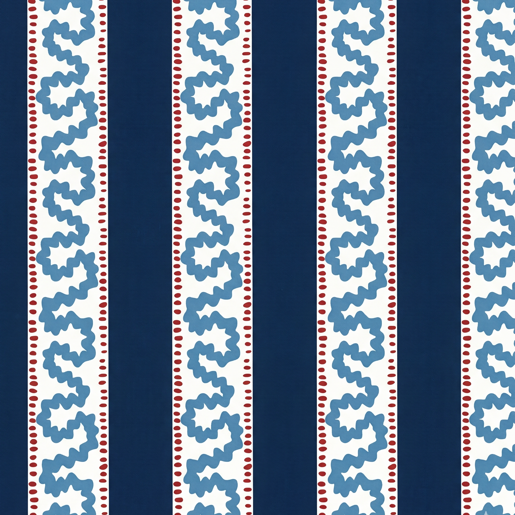 A navy and white striped fabric with a wiggly centre stripe down the white stripes with red dashes on either side. 