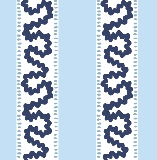 harbor trail blue and white fabric by madcap cottage featuring light blue and white stripes with a light blue squiggle motif on the white stripe