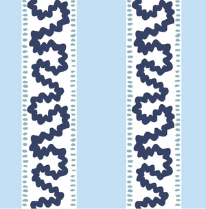 harbor trail blue and white fabric by madcap cottage featuring light blue and white stripes with a light blue squiggle motif on the white stripe