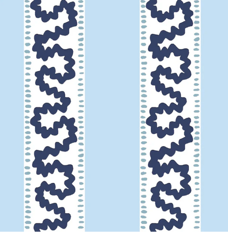 harbor trail blue and white fabric by madcap cottage featuring light blue and white stripes with a light blue squiggle motif on the white stripe