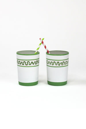 two  green painted glassed with a squiggly motif at the top called "Harbor Trail" by madcap cottage