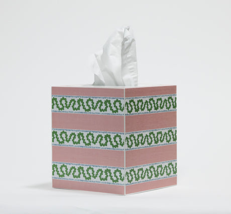 A madcap cottage white and pink striped tissue box cover with a green squiggle on each white stripe