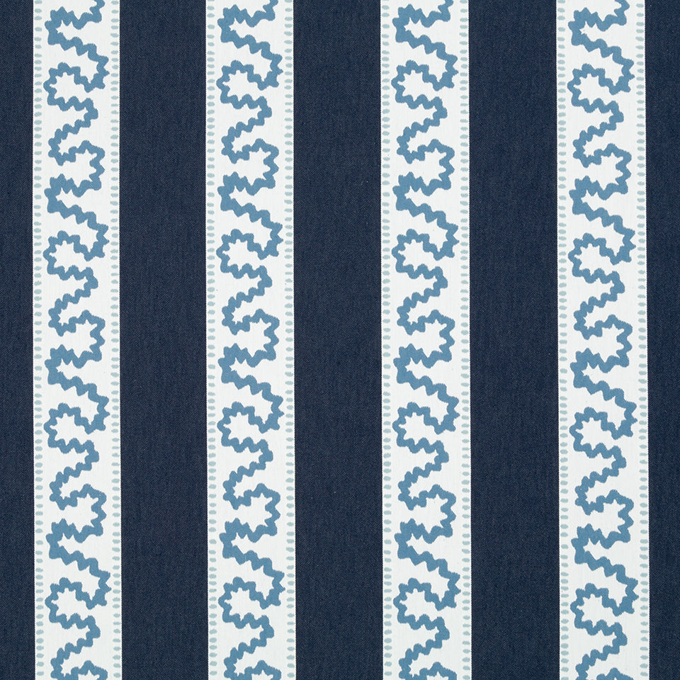 harbor trail blue and white fabric by madcap cottage featuring navy and white stripes with a light blue squiggle motif on the white stripe