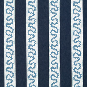 harbor trail blue and white fabric by madcap cottage featuring navy and white stripes with a light blue squiggle motif on the white stripe
