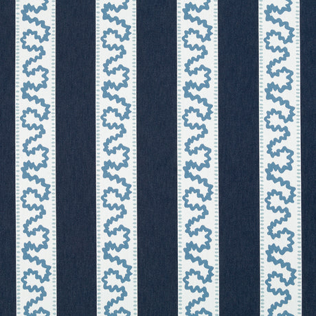 harbor trail blue and white fabric by madcap cottage featuring navy and white stripes with a light blue squiggle motif on the white stripe