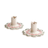 Harbor Trail Pink and Green Scalloped Ceramic Candle Holders, Set of 2