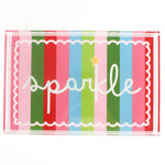 A rectangular acrylic tray with colorful striped pattern and the word 'sparkle' displayed prominently in the center.
