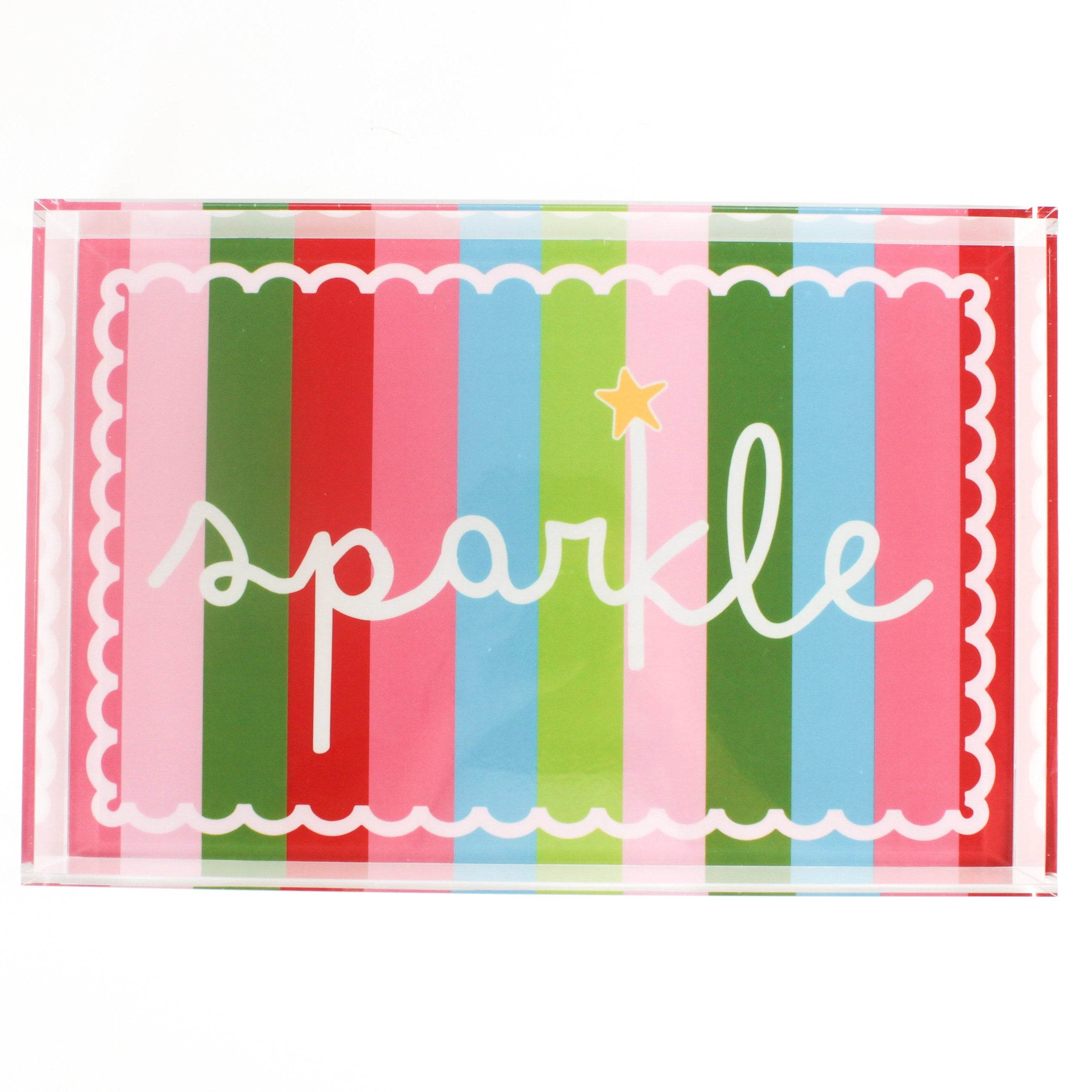 A rectangular acrylic tray with colorful striped pattern and the word 'sparkle' displayed prominently in the center.