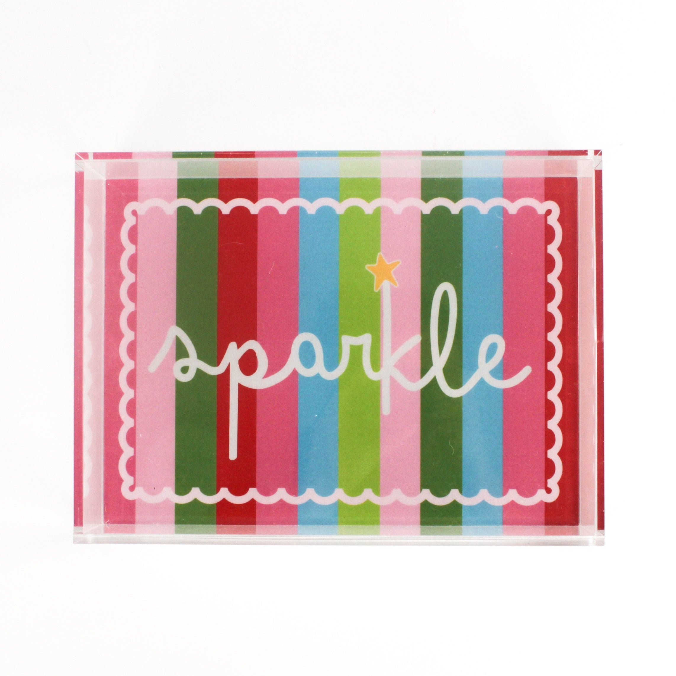 A rectangular acrylic tray with colorful striped pattern and the word 'sparkle' displayed prominently in the center.