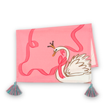 a folded pink christmas tea towel featuring a large swan and pink ribbon design and blue and pink tassels