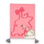 pink christmas tea towel featuring a large swan and pink ribbon design and blue and pink tassels