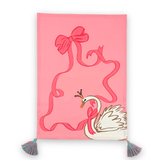 pink christmas tea towel featuring a large swan and pink ribbon design and blue and pink tassels