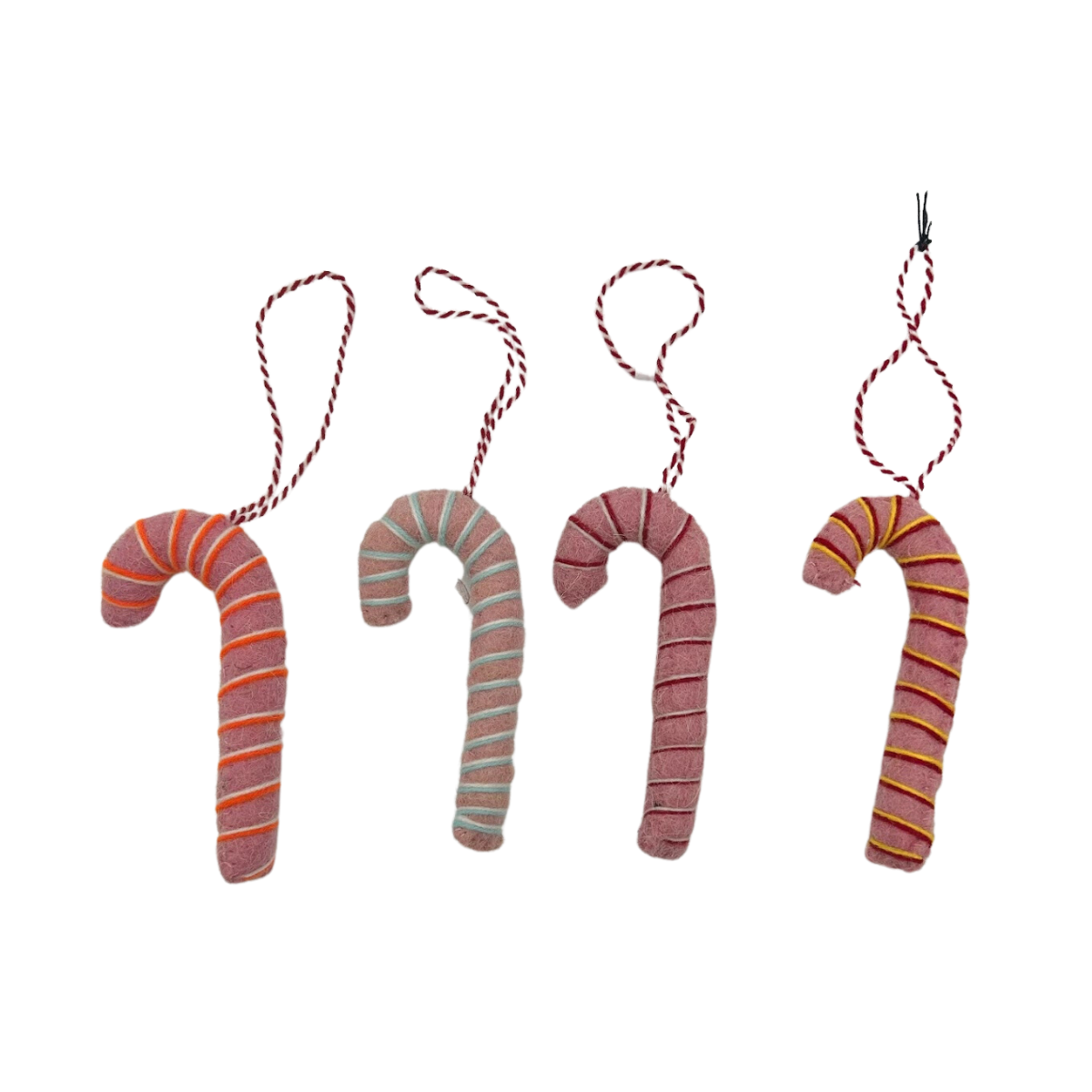 Felted Wool Candy Cane Ornaments, Set of 4