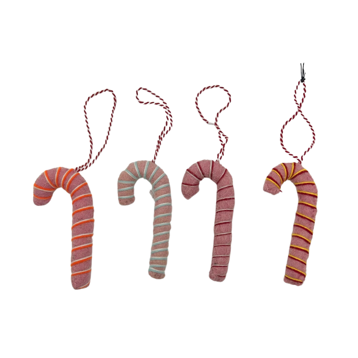 Felted Wool Candy Cane Christmas Ornaments, Set of 4