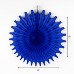 A blue honeycomb paper fan decoration with a starburst design displayed with 18" by 18" dimensions on a white background.