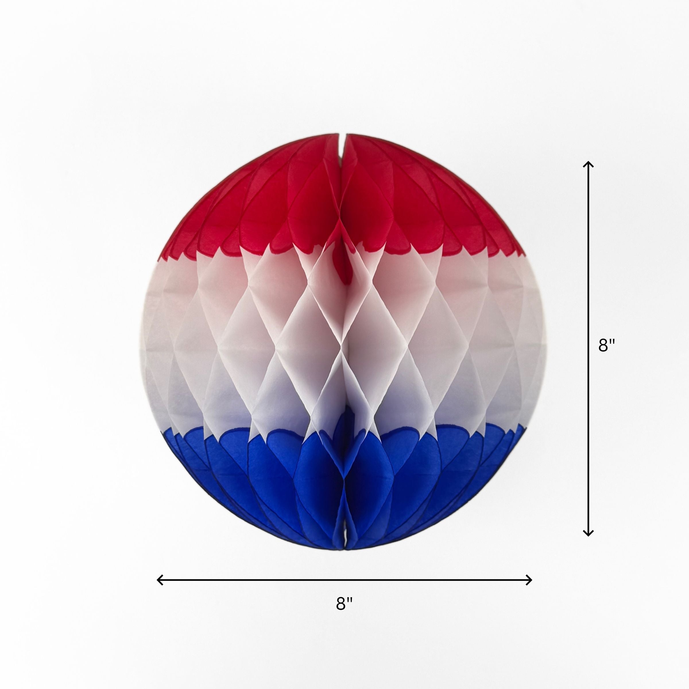 A red white and blue honeycomb paper ball decoration displayed with 8" by 8" dimensions on a white background.