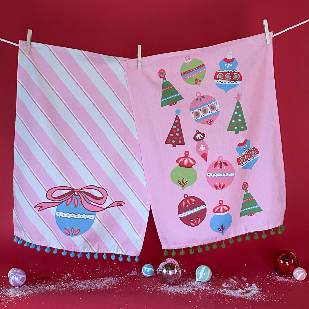 Candy Stripe and Darling Ornaments Christmas Tea Towel/Dish Towel/Guest Towel