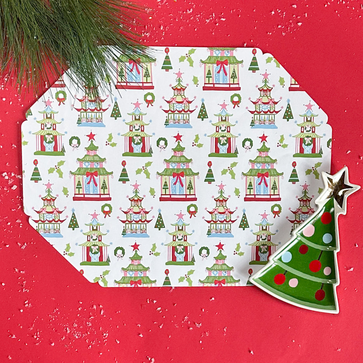 Festive Pagodas Octagonal Paper Christmas Placemats, Pad of 10