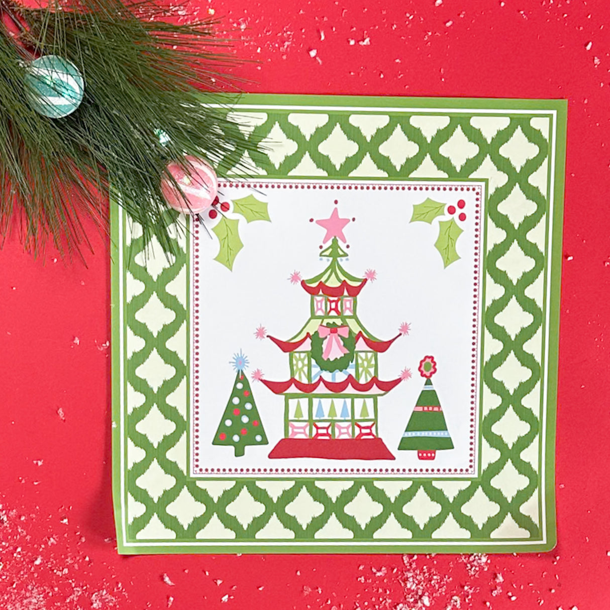 Festive Pagodas Square Paper Christmas Placemats, Pad of 20