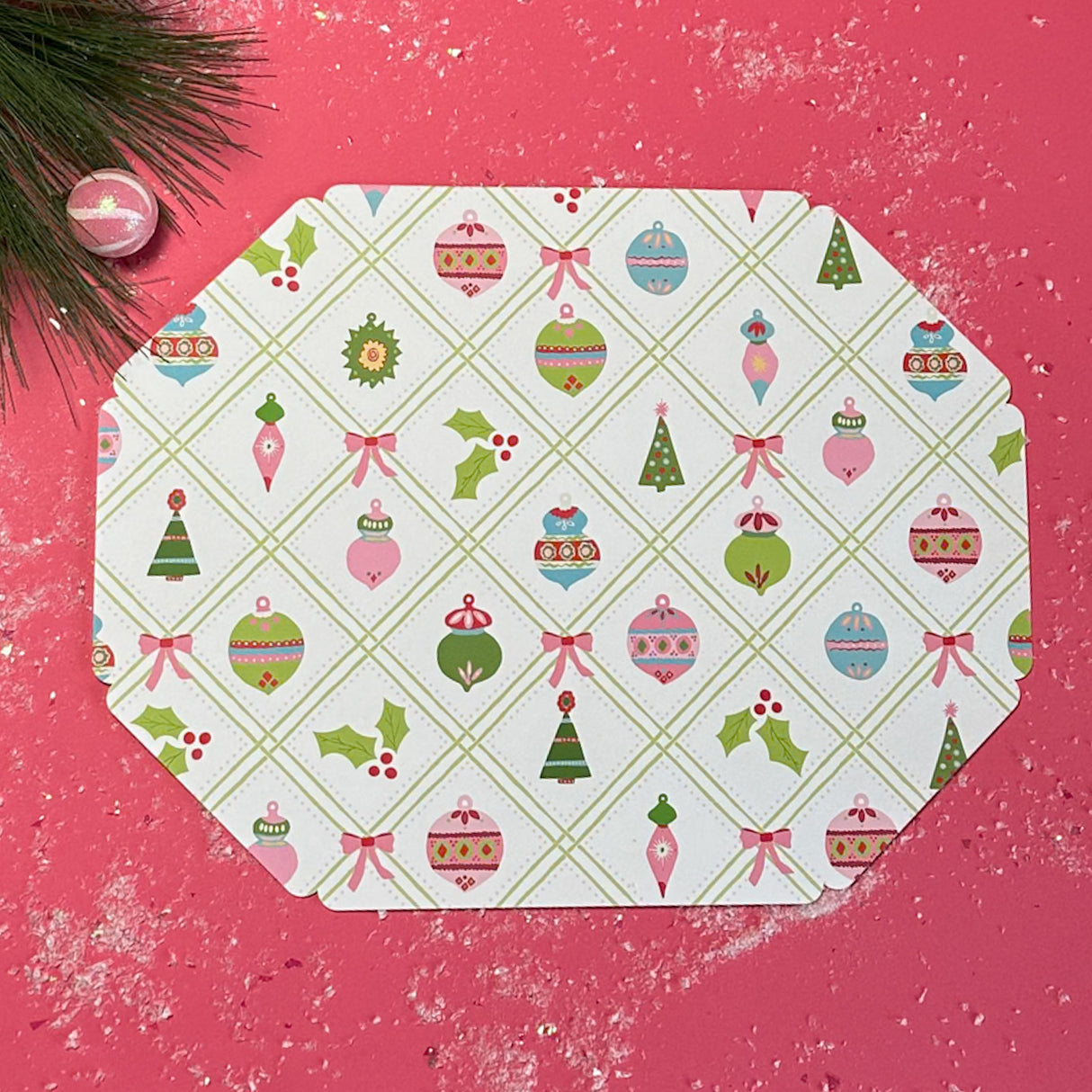 Darling Ornaments Octagonal Paper Christmas Placemats, Pad of 10