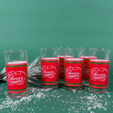 Vintage Cheers Calligraphy Tall Red and Green Drinks Glasses, Set of 6