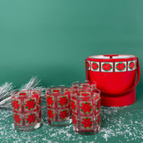 Vintage Red Poinsettia Ice Bucket with Drinks Glasses, Set of 5