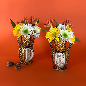 Vintage 1800s Brown English Ceramic Small Handled Vases, Pair